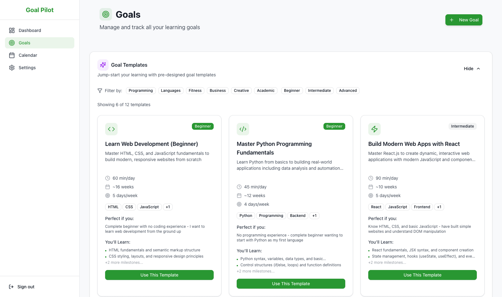 Goal Pilot dashboard showing goal overview and progress tracking