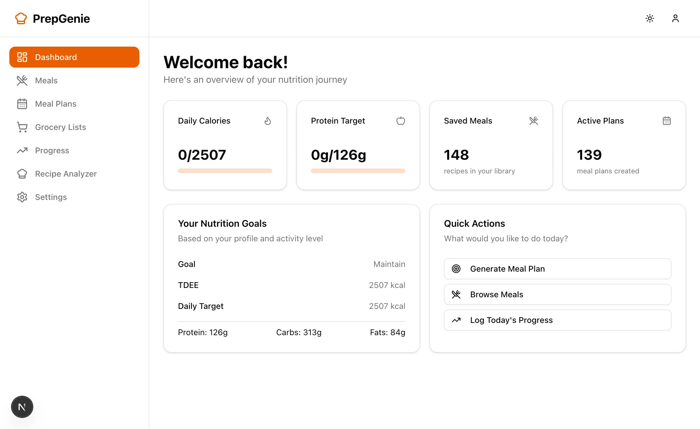 PrepGenie dashboard showing meal plan and nutrition tracking